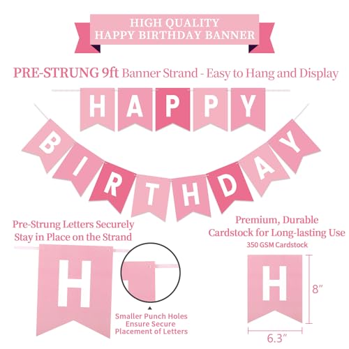 Pink Birthday Decorations Kit 16-Piece Set by LITAUS – Pre-Strung Banner, Honeycomb Balls & Paper Garland for Women, Girls, Teens, Adults