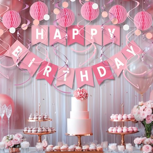 Pink Birthday Decorations Kit 16-Piece Set by LITAUS – Pre-Strung Banner, Honeycomb Balls & Paper Garland for Women, Girls, Teens, Adults