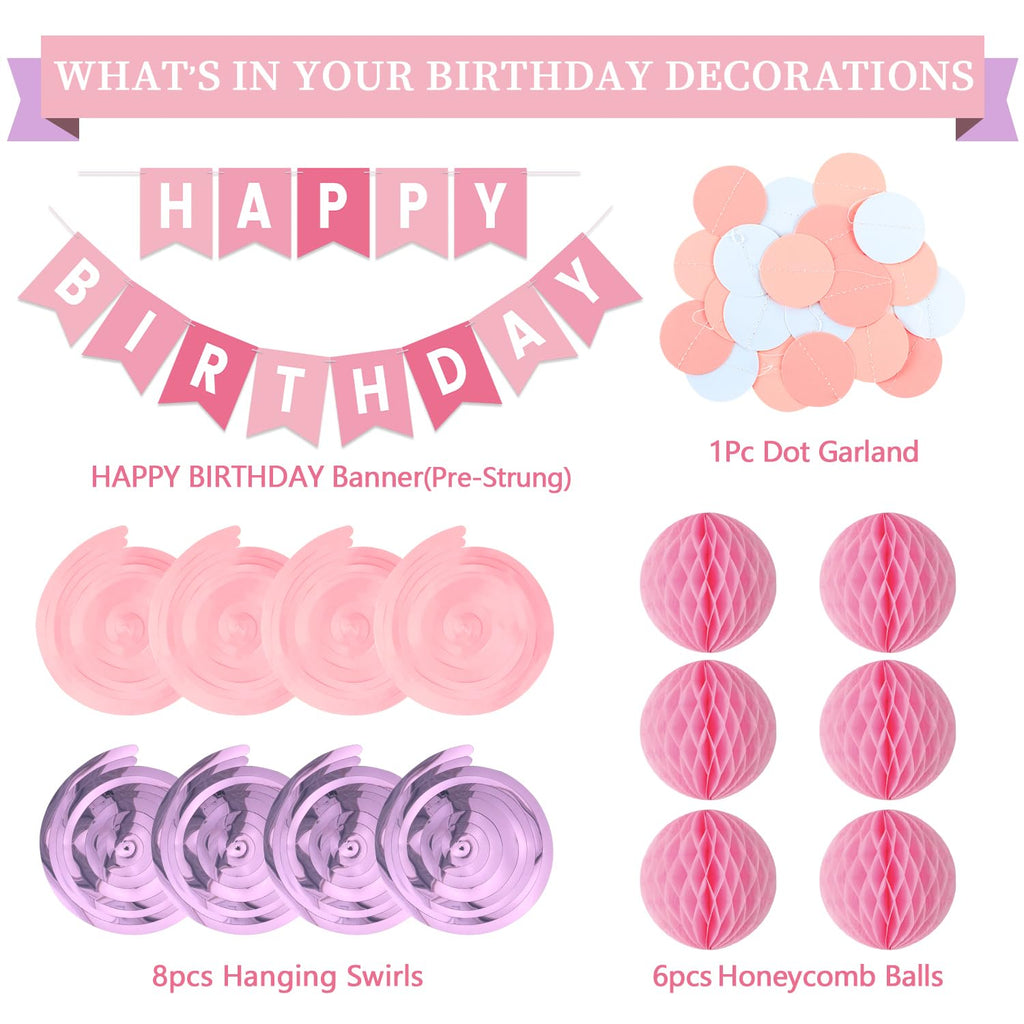 Pink Birthday Decorations Kit 16-Piece Set by LITAUS – Pre-Strung Banner, Honeycomb Balls & Paper Garland for Women, Girls, Teens, Adults