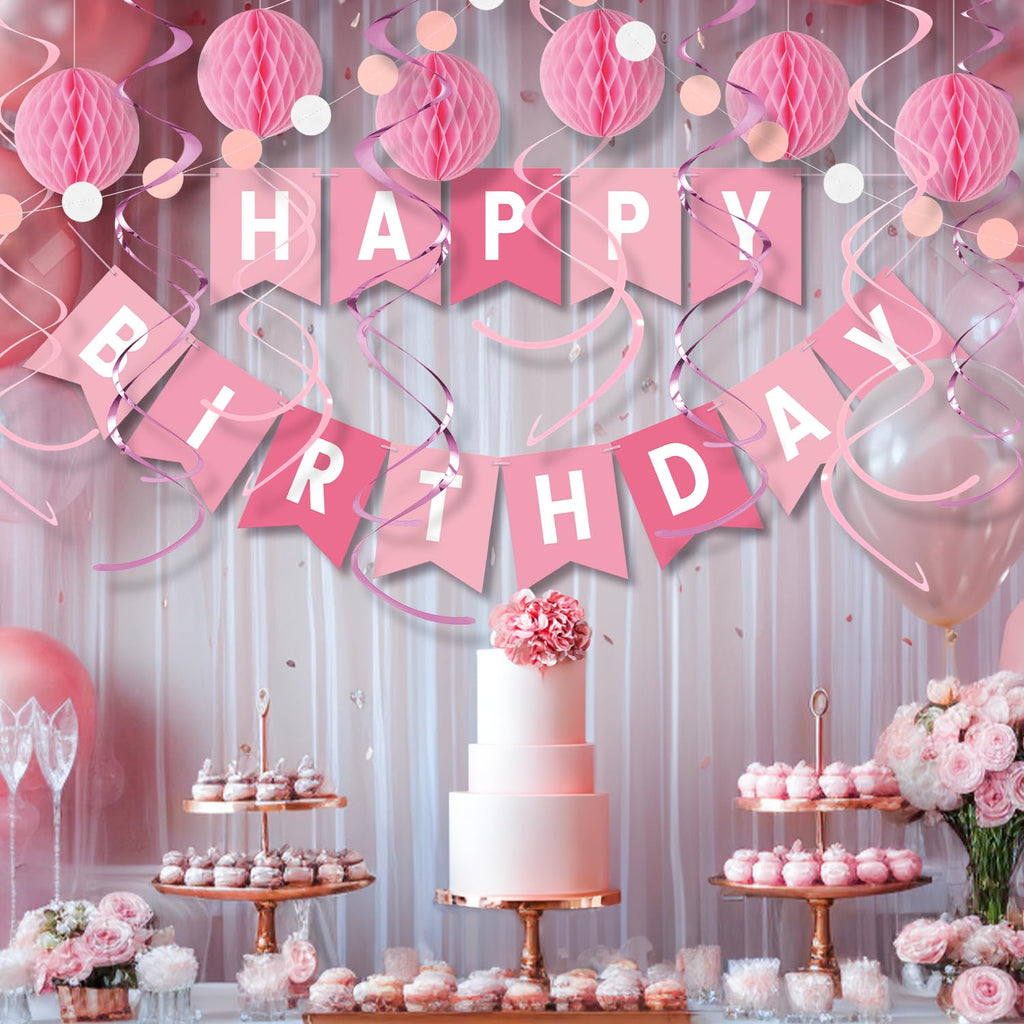 Pink Birthday Decorations Kit 16-Piece Set by LITAUS – Pre-Strung Banner, Honeycomb Balls & Paper Garland for Women, Girls, Teens, Adults