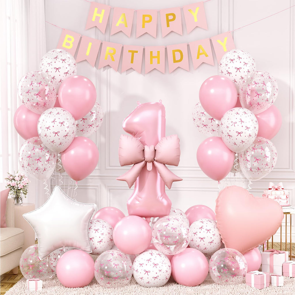 Pink Bow 1st Birthday Decoration Set – 32-Inch Number 1 Foil Balloon & More