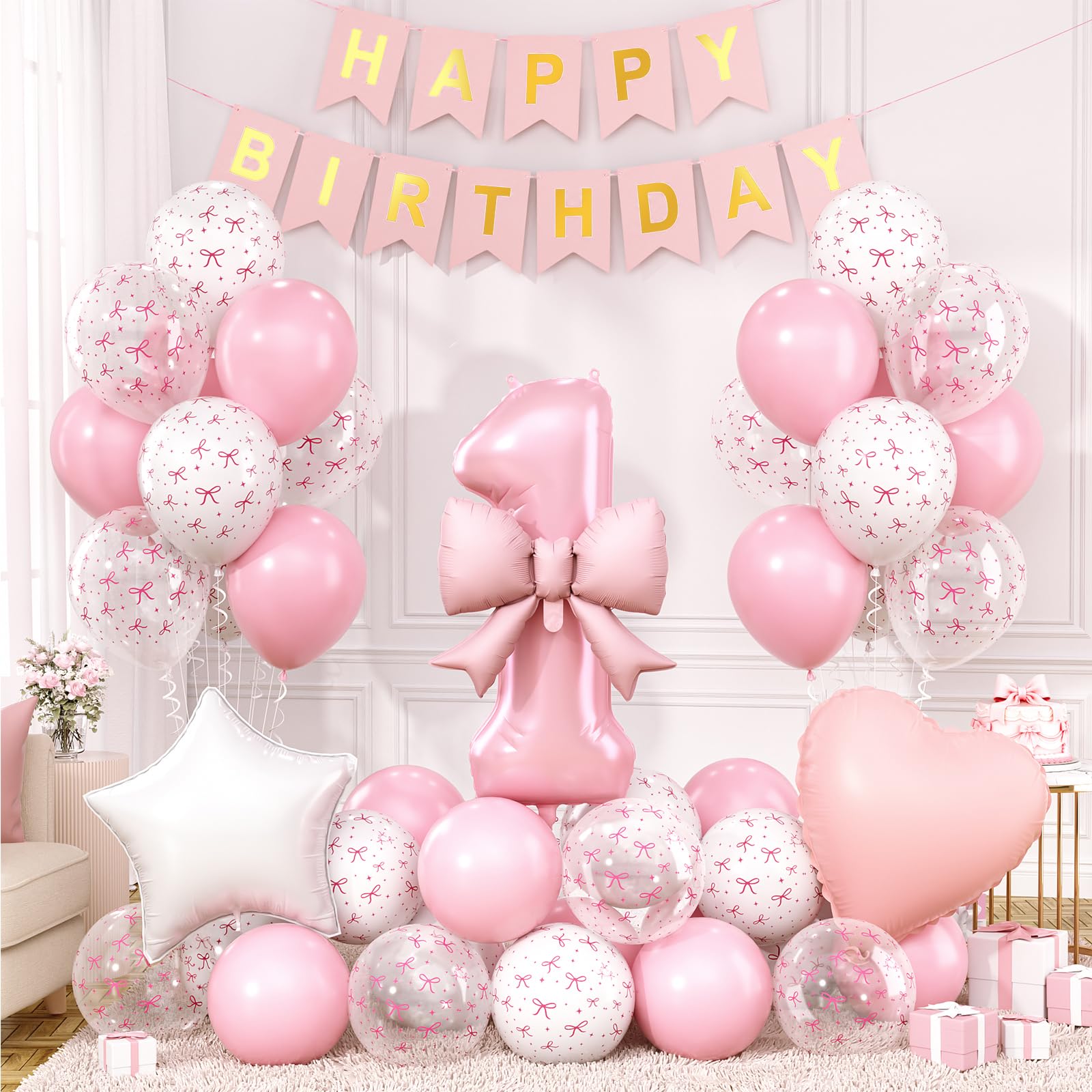 Pink Bow 1st Birthday Decoration Set – 32-Inch Number 1 Foil Balloon & More