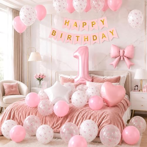 Pink Bow 1st Birthday Decoration Set – 32-Inch Number 1 Foil Balloon & More