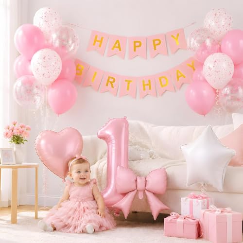 Pink Bow 1st Birthday Decoration Set – 32-Inch Number 1 Foil Balloon & More