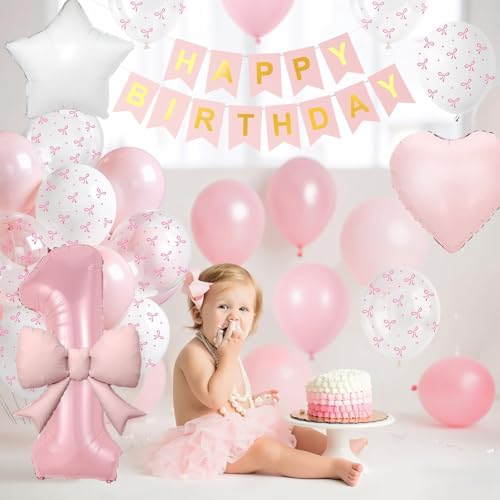 Pink Bow 1st Birthday Decoration Set – 32-Inch Number 1 Foil Balloon & More