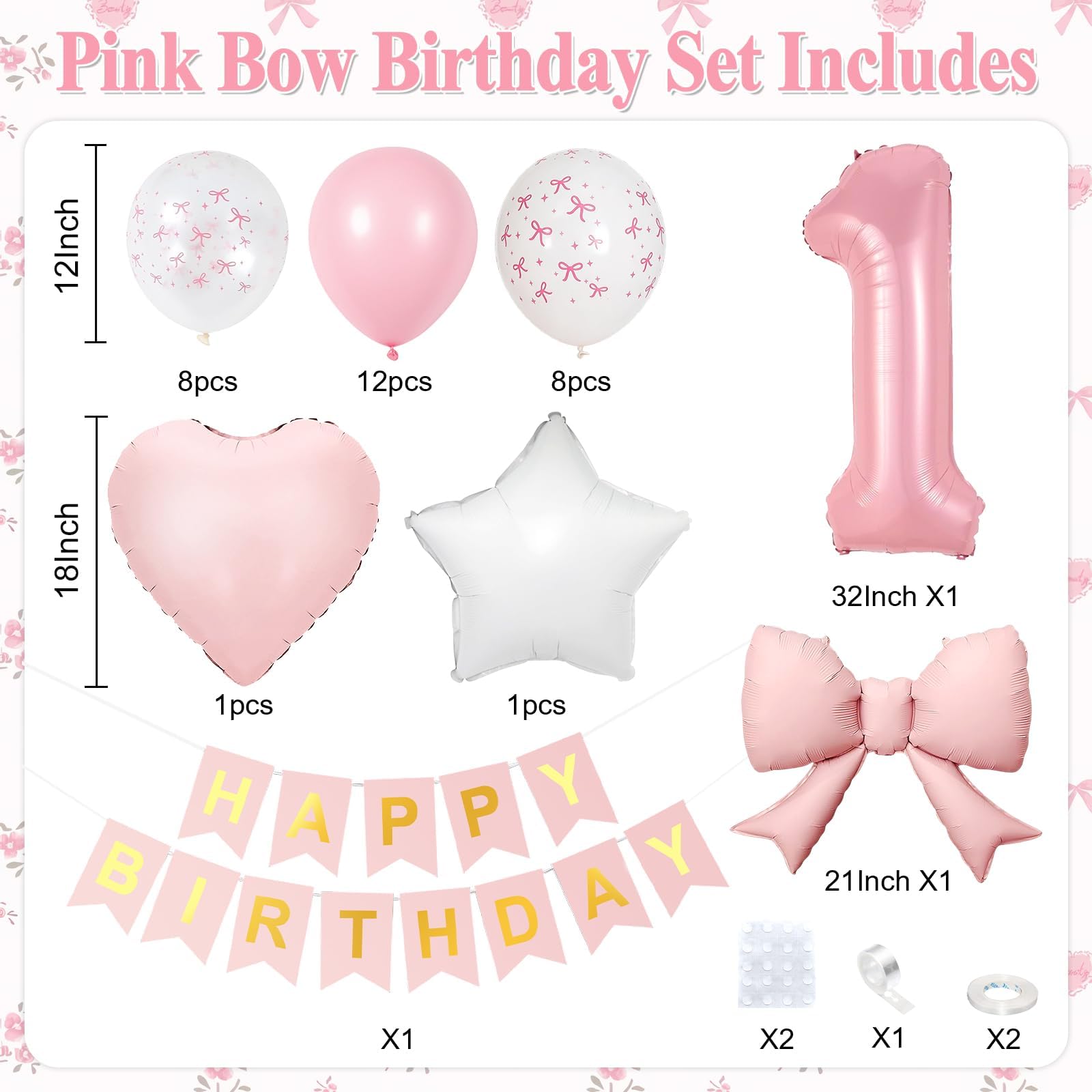 Pink Bow 1st Birthday Decoration Set – 32-Inch Number 1 Foil Balloon & More