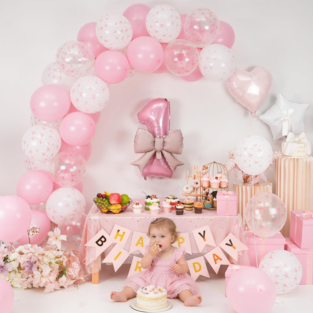 Pink Bow 1st Birthday Decoration Set – 32-Inch Number 1 Foil Balloon & More