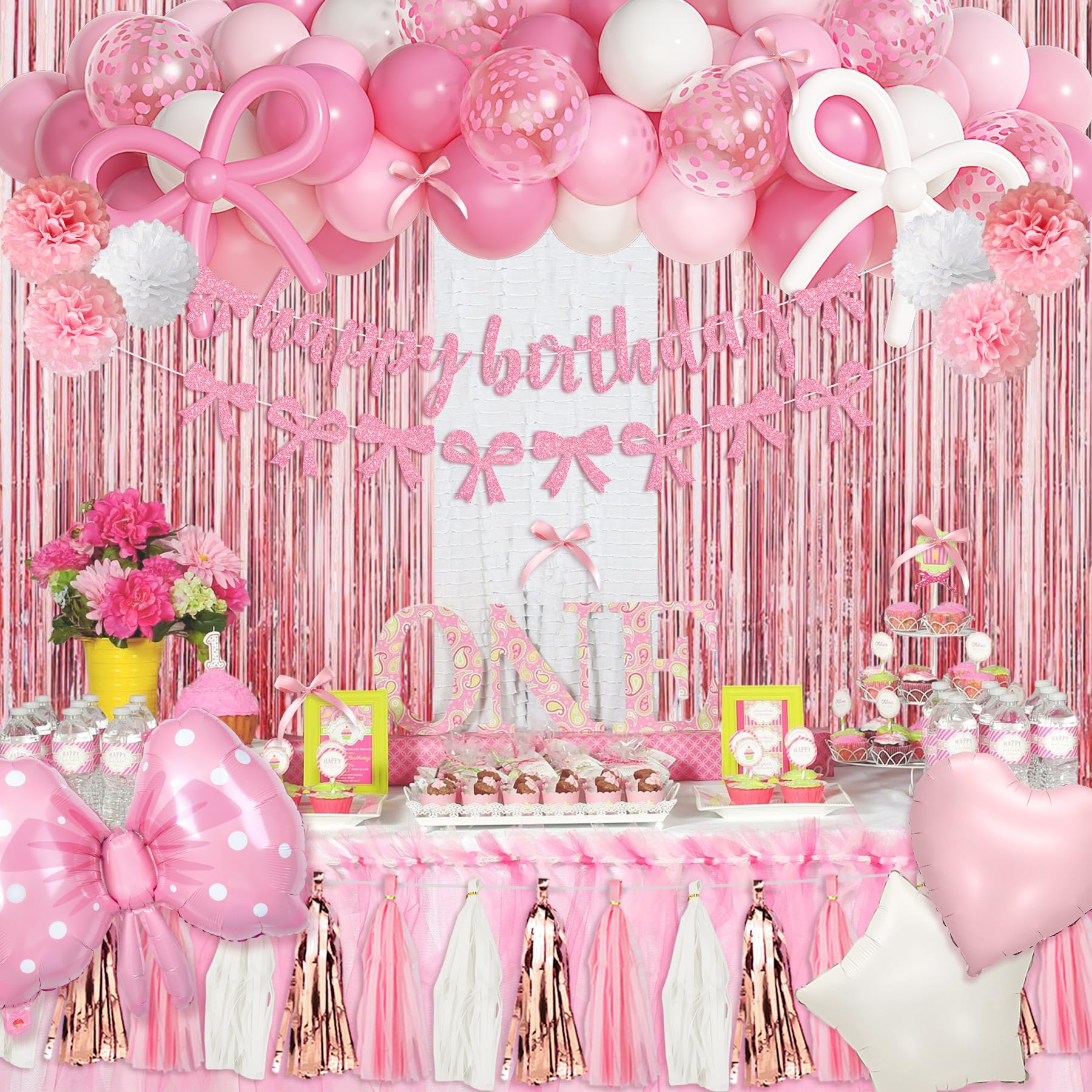 Pink Bow Birthday Decorations Kit – Coquette Party Supplies with Balloons, Banner & More