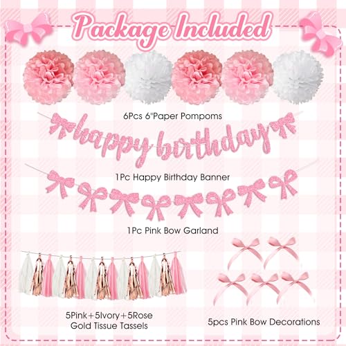 Pink Bow Birthday Decorations Kit – Coquette Party Supplies with Balloons, Banner & More