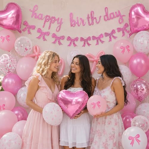 Pink Bow Birthday Decorations Set – Banner, Balloons, and DIY Bow Garland for Party