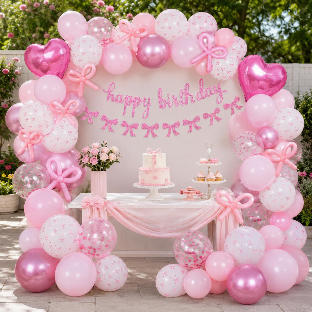 Pink Bow Birthday Decorations Set – Banner, Balloons, and DIY Bow Garland for Party