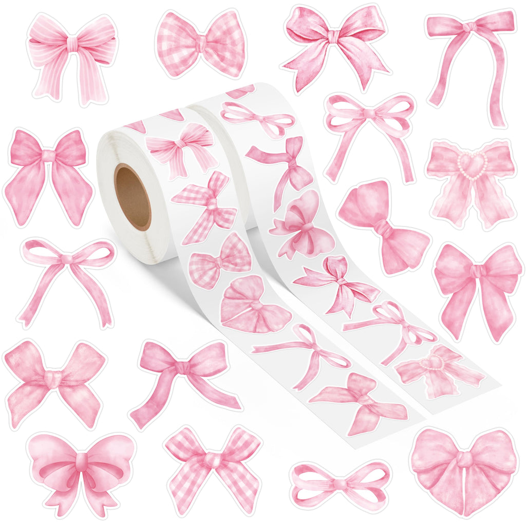 Pink Coquette Bow Stickers - 1000 Watercolor Bow Decals for Laptops, Water Bottles, Scrapbooking - 16 Patterns, 2 Rolls, Waterproof Vinyl