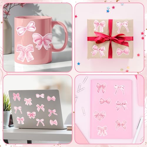 Pink Coquette Bow Stickers - 1000 Watercolor Bow Decals for Laptops, Water Bottles, Scrapbooking - 16 Patterns, 2 Rolls, Waterproof Vinyl