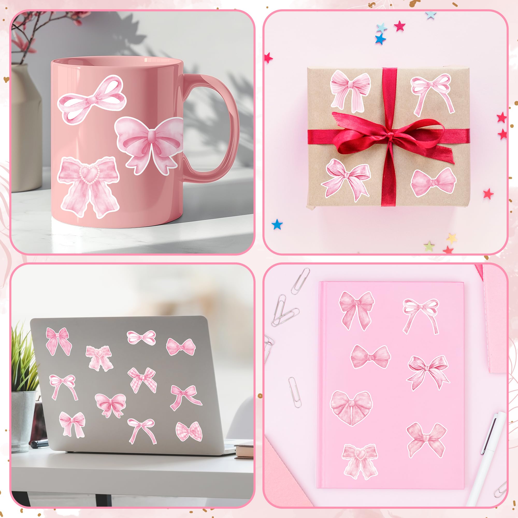 Pink Coquette Bow Stickers - 1000 Watercolor Bow Decals for Laptops, Water Bottles, Scrapbooking - 16 Patterns, 2 Rolls, Waterproof Vinyl