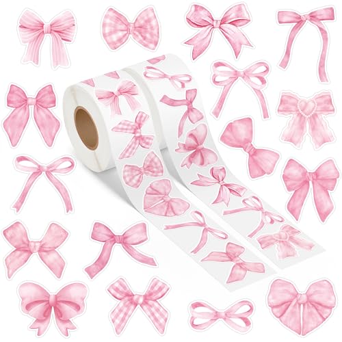 Pink Coquette Bow Stickers - 1000 Watercolor Bow Decals for Laptops, Water Bottles, Scrapbooking - 16 Patterns, 2 Rolls, Waterproof Vinyl