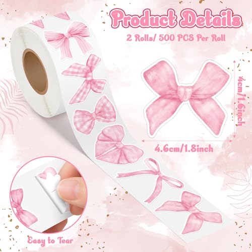 Pink Coquette Bow Stickers - 1000 Watercolor Bow Decals for Laptops, Water Bottles, Scrapbooking - 16 Patterns, 2 Rolls, Waterproof Vinyl