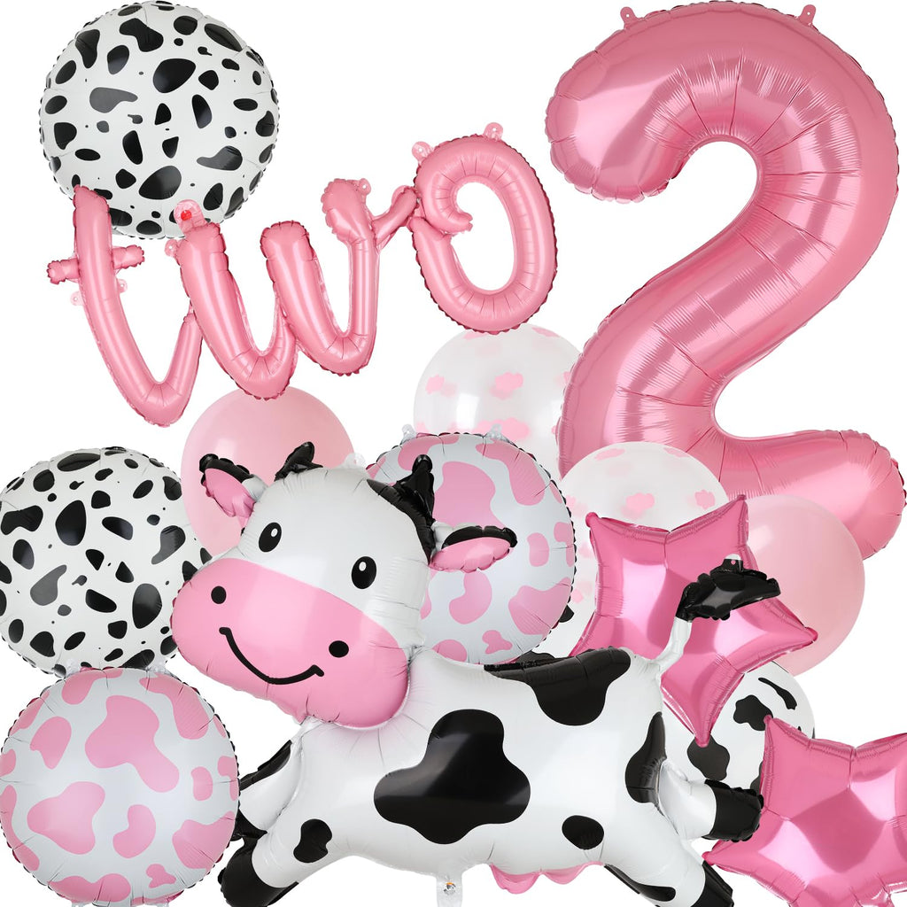 Pink Cow Balloon Set for 2nd Birthday - 24 Pieces Mylar & Latex Farm Party Decor