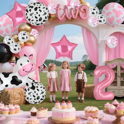 Pink Cow Balloon Set for 2nd Birthday - 24 Pieces Mylar & Latex Farm Party Decor