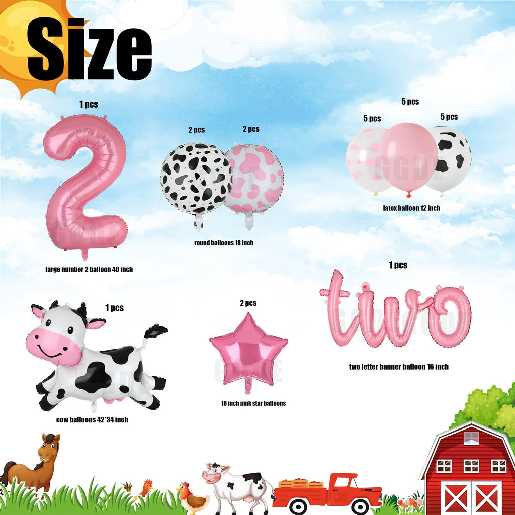 Pink Cow Balloon Set for 2nd Birthday - 24 Pieces Mylar & Latex Farm Party Decor