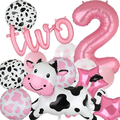 Pink Cow Balloon Set for 2nd Birthday - 24 Pieces Mylar & Latex Farm Party Decor