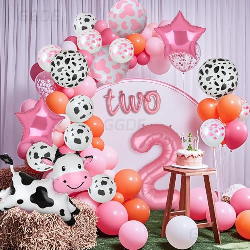 Pink Cow Balloon Set for 2nd Birthday - 24 Pieces Mylar & Latex Farm Party Decor