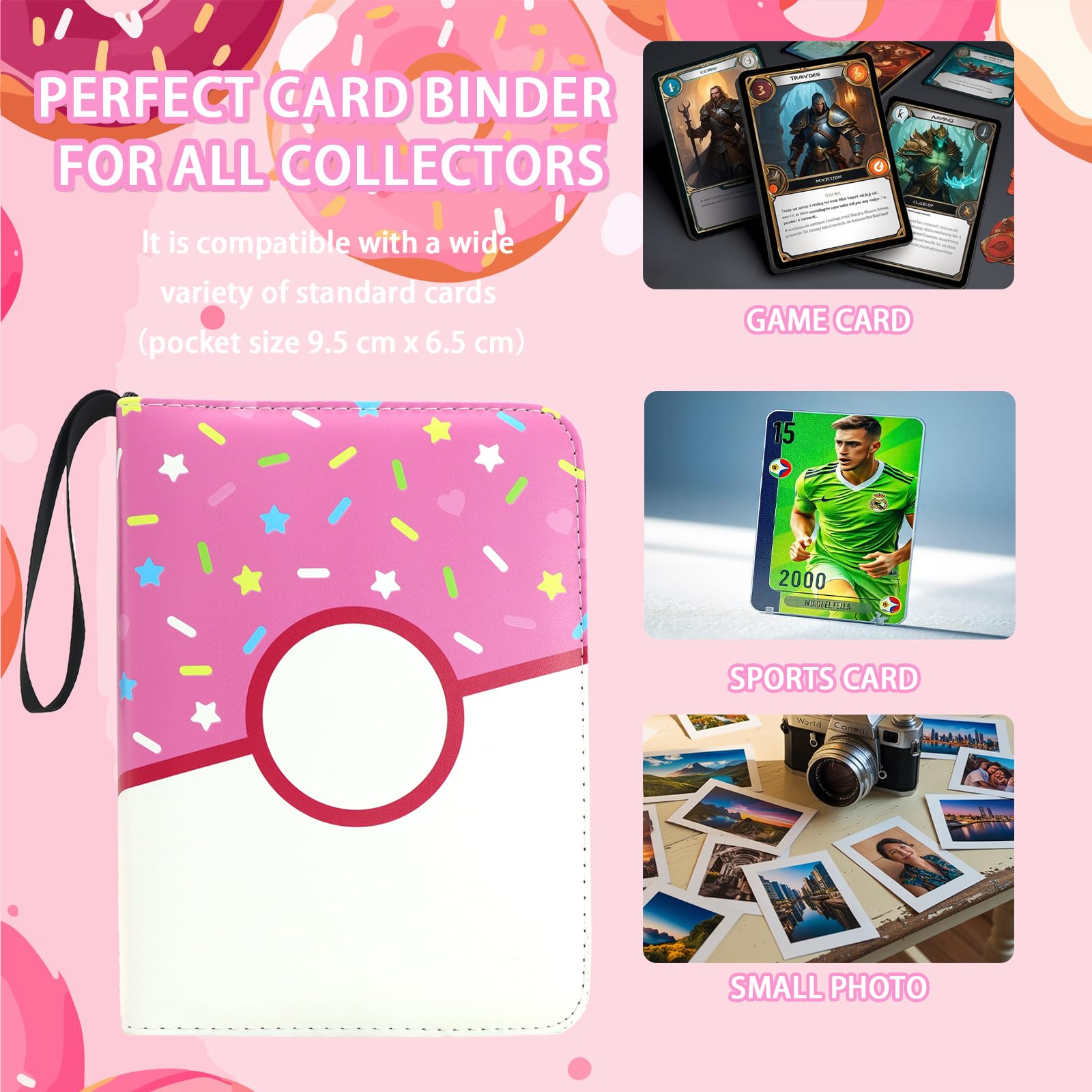 Pink Donut 400-Pocket Trading Card Binder by Piefectpie – PU Leather Zipper Album for Standard Cards