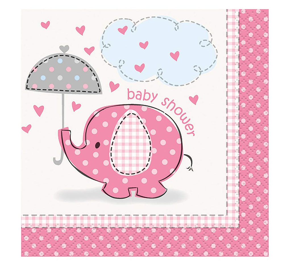 Pink Elephant Baby Shower Cocktail Napkins - 16 Pack, 5x5 Inch Paper Napkins with Hearts Design