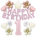 Pink Happy Birthday Balloon Garland Set with Classic Flower, Heart & Star Balloons – Elegant 33-Piece Party Decoration for Girls – Includes 40-Inch Number 1 Balloon