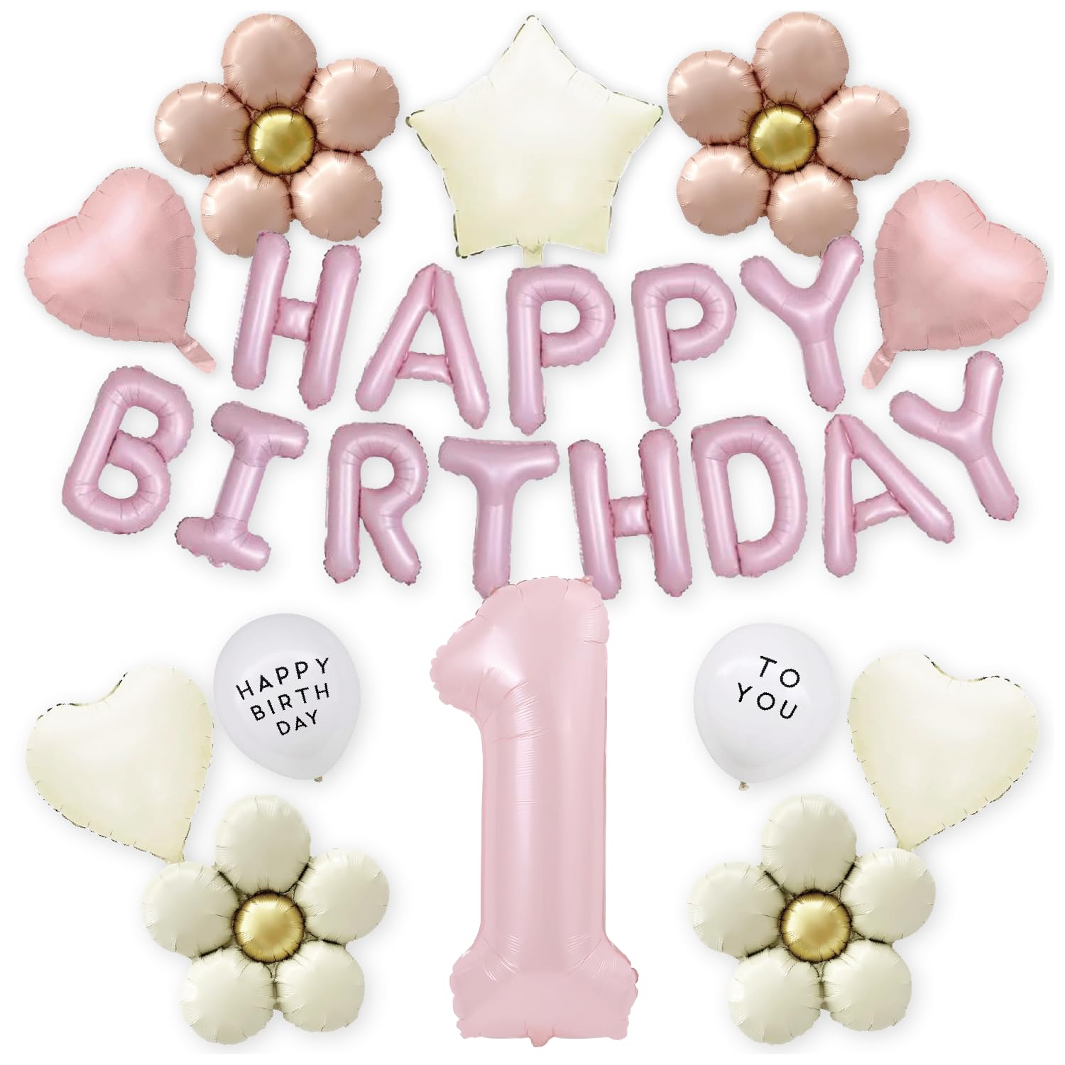 Pink Happy Birthday Balloon Garland Set with Classic Flower, Heart & Star Balloons – Elegant 33-Piece Party Decoration for Girls – Includes 40-Inch Number 1 Balloon