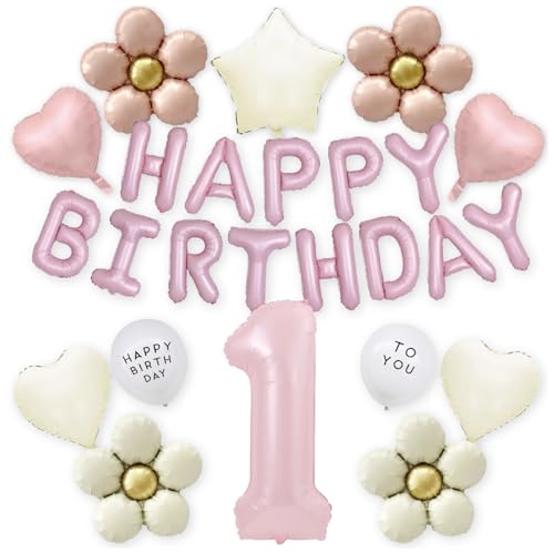 Pink Happy Birthday Balloon Garland Set with Classic Flower, Heart & Star Balloons – Elegant 33-Piece Party Decoration for Girls – Includes 40-Inch Number 1 Balloon