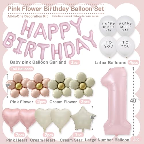Pink Happy Birthday Balloon Garland Set with Classic Flower, Heart & Star Balloons – Elegant 33-Piece Party Decoration for Girls – Includes 40-Inch Number 1 Balloon