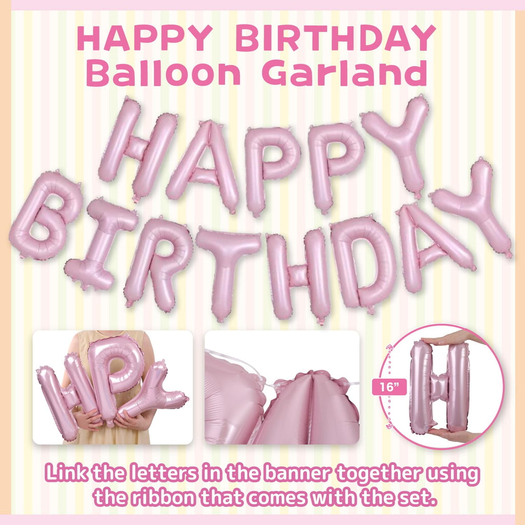 Pink Happy Birthday Balloon Garland Set with Classic Flower, Heart & Star Balloons – Elegant 33-Piece Party Decoration for Girls – Includes 40-Inch Number 1 Balloon