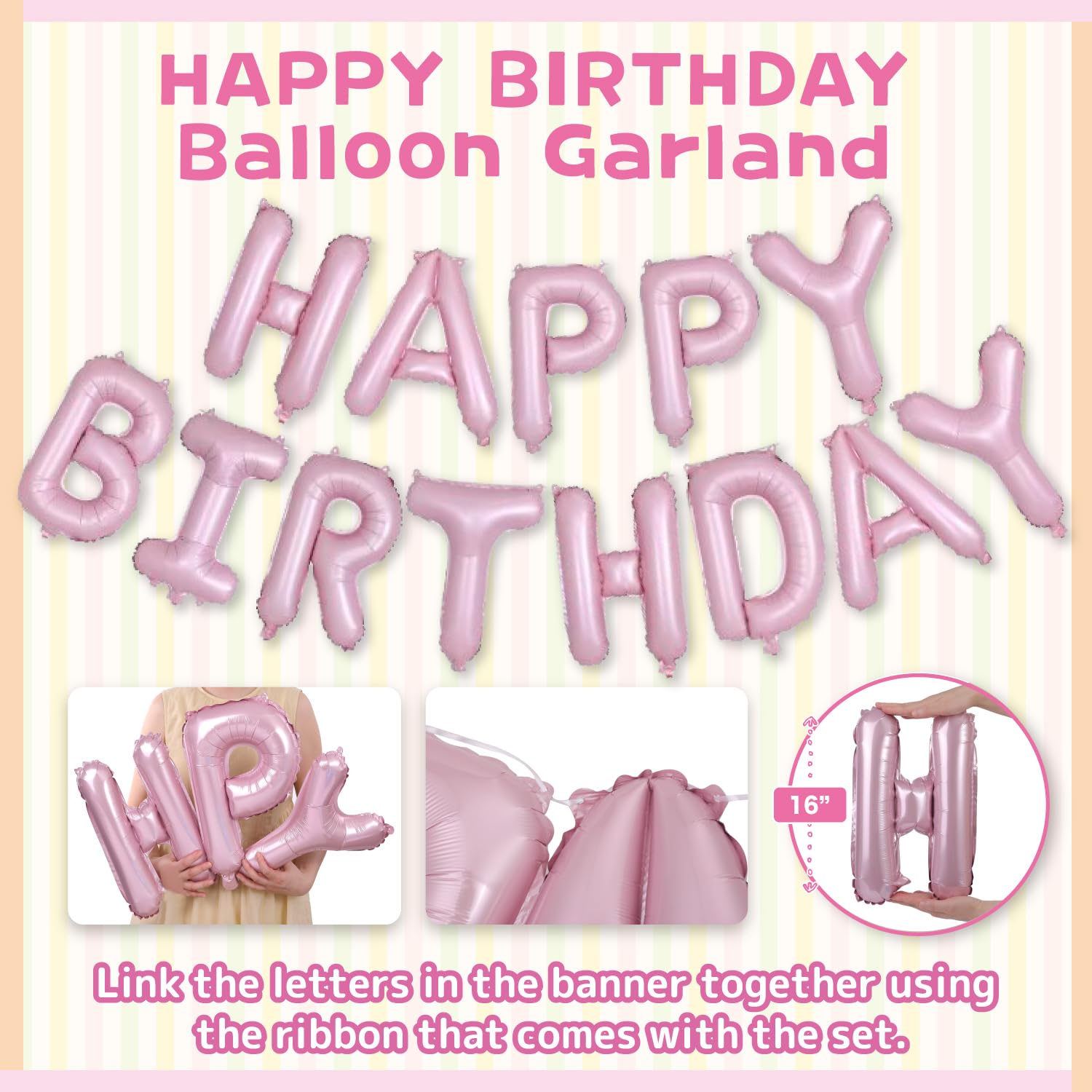 Pink Happy Birthday Balloon Garland Set with Classic Flower, Heart & Star Balloons – Elegant 33-Piece Party Decoration for Girls – Includes 40-Inch Number 1 Balloon