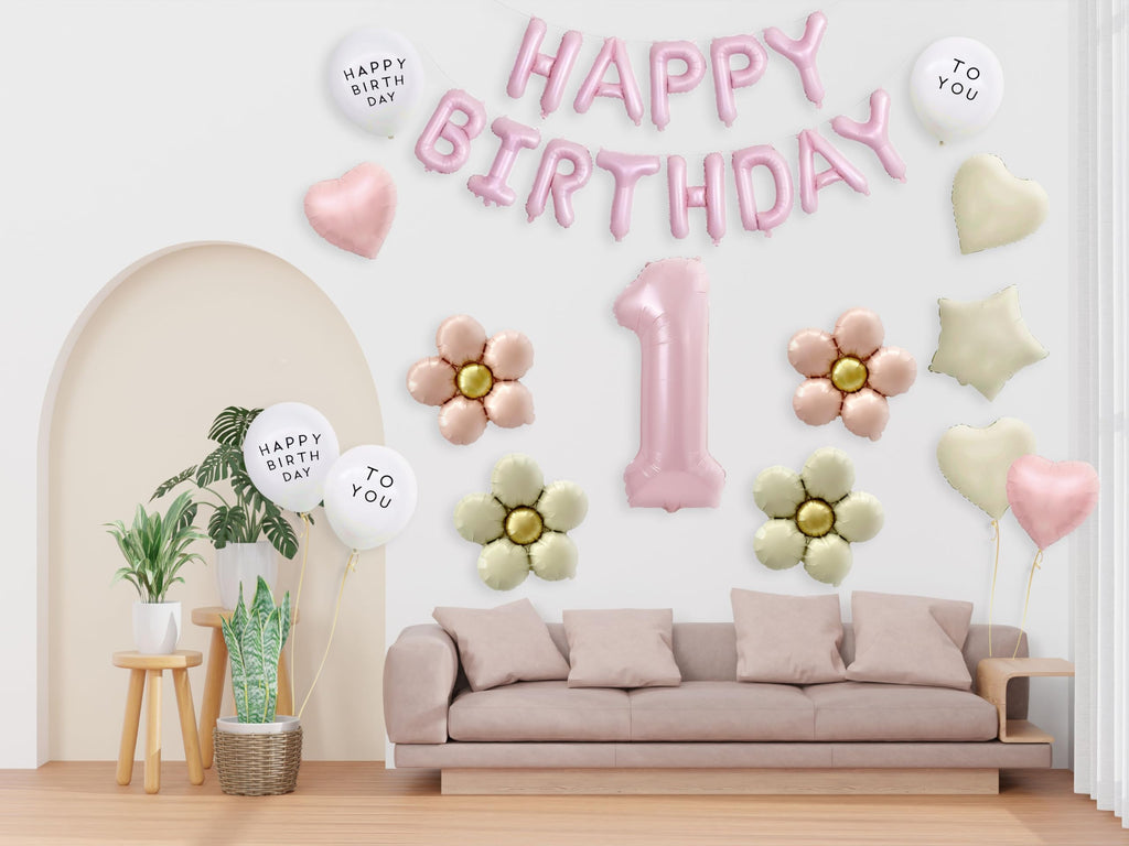 Pink Happy Birthday Balloon Garland Set with Classic Flower, Heart & Star Balloons – Elegant 33-Piece Party Decoration for Girls – Includes 40-Inch Number 1 Balloon
