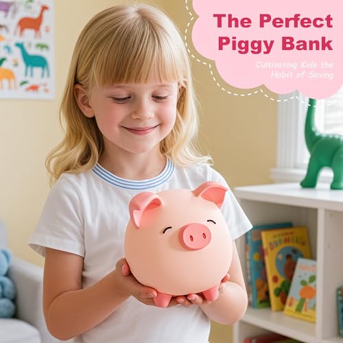Pink Piggy Bank for Girls – Unbreakable Vinyl Coin Bank for Kids, Toddlers