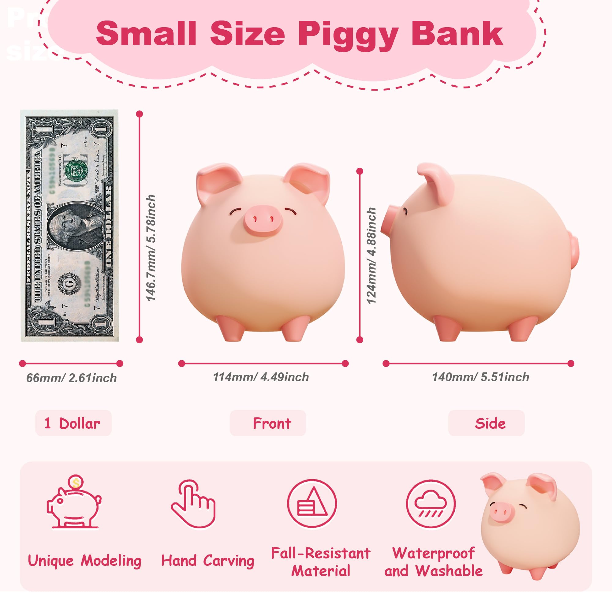 Pink Piggy Bank for Girls – Unbreakable Vinyl Coin Bank for Kids, Toddlers