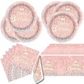 Pink Rose Gold Glitter Diamond Party Tableware Set for 20 – OULUN Birthday Supplies with Plates, Napkins, and Tablecloth