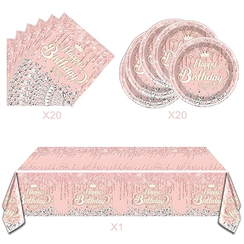 Pink Rose Gold Glitter Diamond Party Tableware Set for 20 – OULUN Birthday Supplies with Plates, Napkins, and Tablecloth