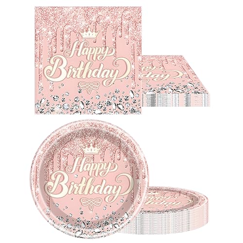 Pink Rose Gold Glitter Diamond Party Tableware Set for 20 – OULUN Birthday Supplies with Plates, Napkins, and Tablecloth
