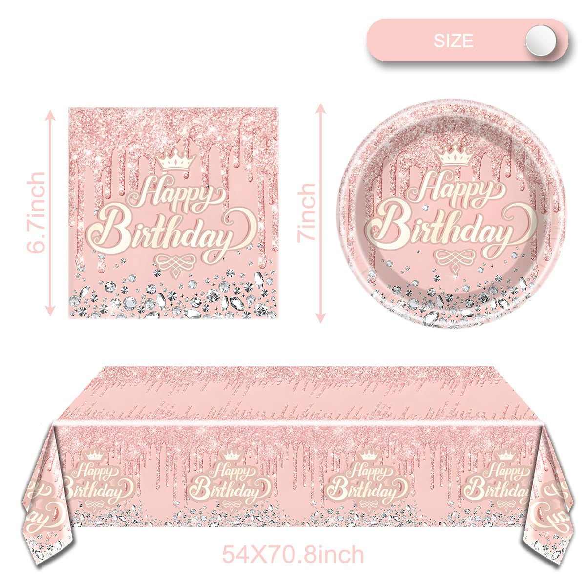 Pink Rose Gold Glitter Diamond Party Tableware Set for 20 – OULUN Birthday Supplies with Plates, Napkins, and Tablecloth