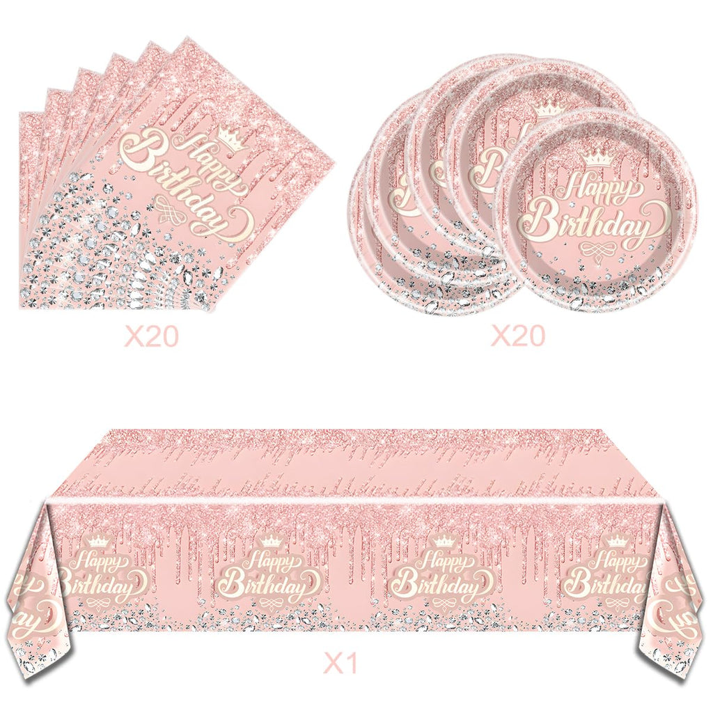 Pink Rose Gold Glitter Diamond Party Tableware Set for 20 – OULUN Birthday Supplies with Plates, Napkins, and Tablecloth