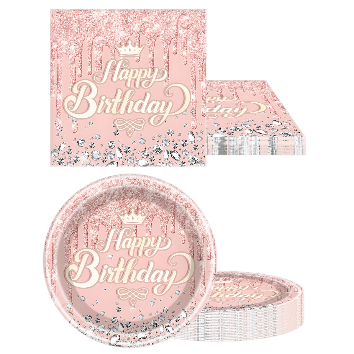 Pink Rose Gold Glitter Diamond Party Tableware Set for 20 – OULUN Birthday Supplies with Plates, Napkins, and Tablecloth