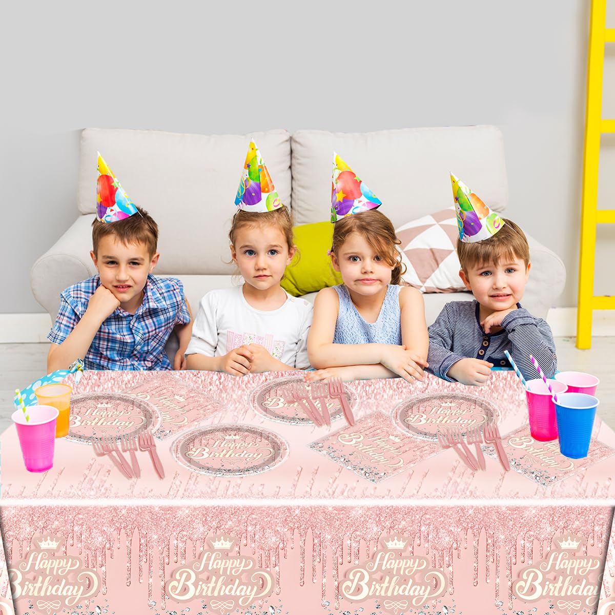 Pink Rose Gold Glitter Diamond Party Tableware Set for 20 – OULUN Birthday Supplies with Plates, Napkins, and Tablecloth