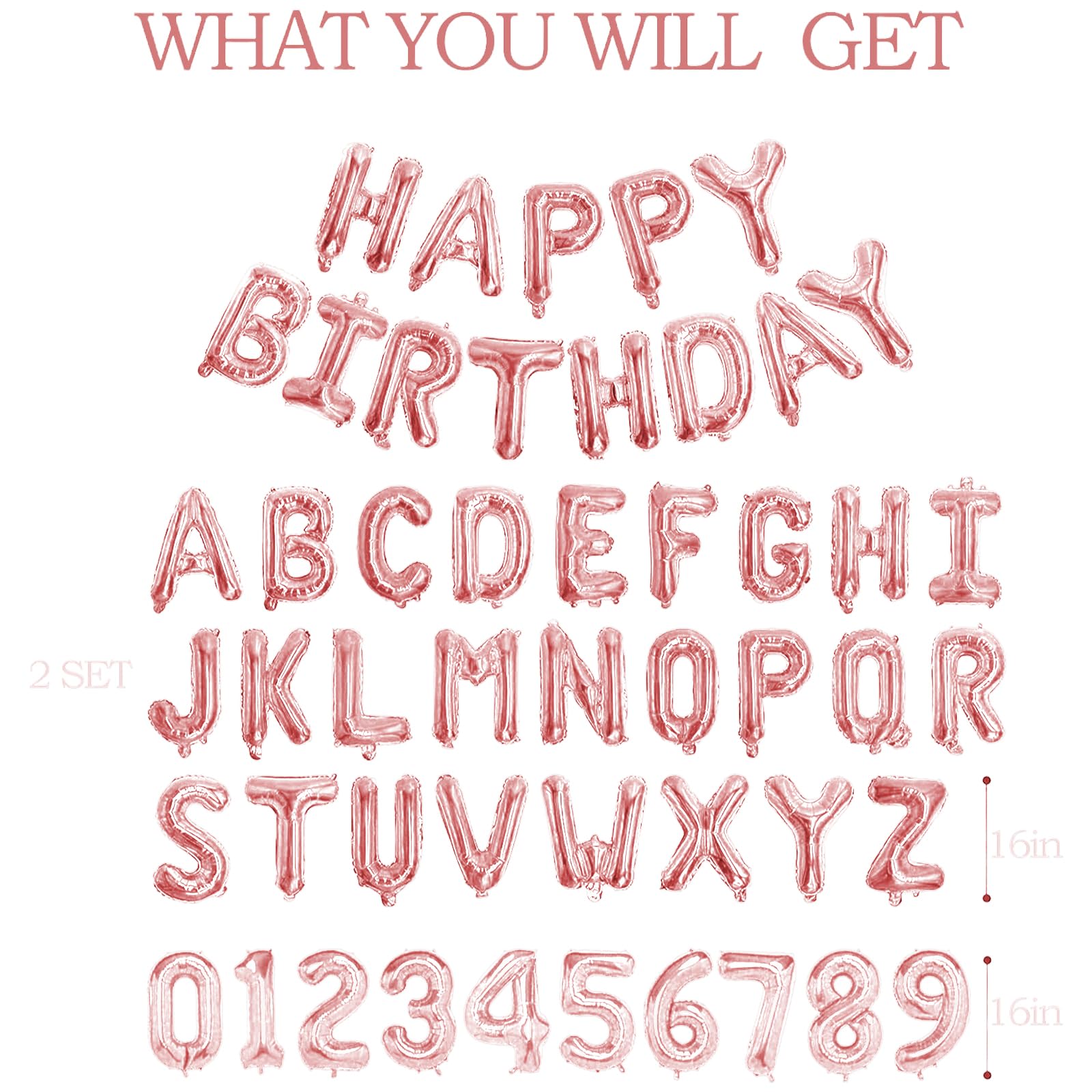 Pink Rose Gold Happy Birthday Balloon Banner - 75pc 16-inch Foil Letter Set by bigmaigo