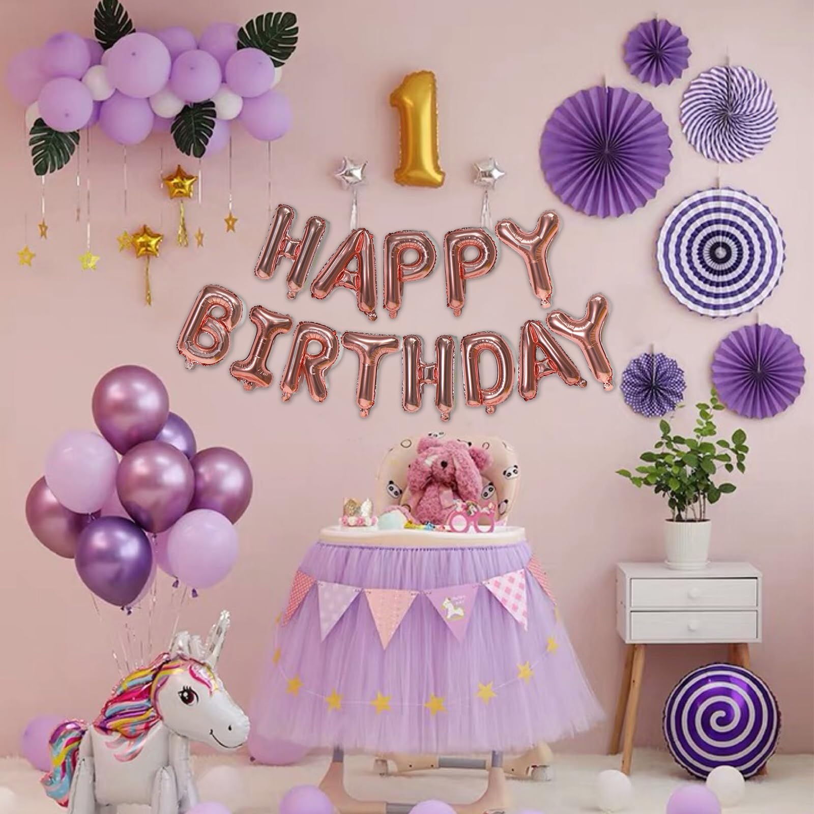 Pink Rose Gold Happy Birthday Balloon Banner - 75pc 16-inch Foil Letter Set by bigmaigo
