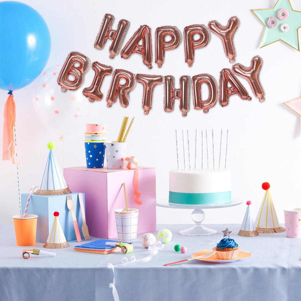 Pink Rose Gold Happy Birthday Balloon Banner - 75pc 16-inch Foil Letter Set by bigmaigo