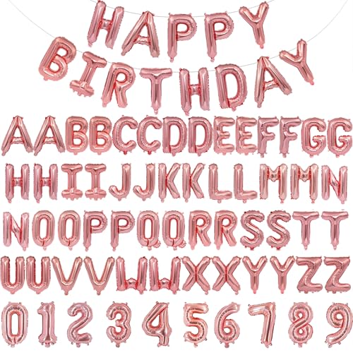 Pink Rose Gold Happy Birthday Balloon Banner - 75pc 16-inch Foil Letter Set by bigmaigo