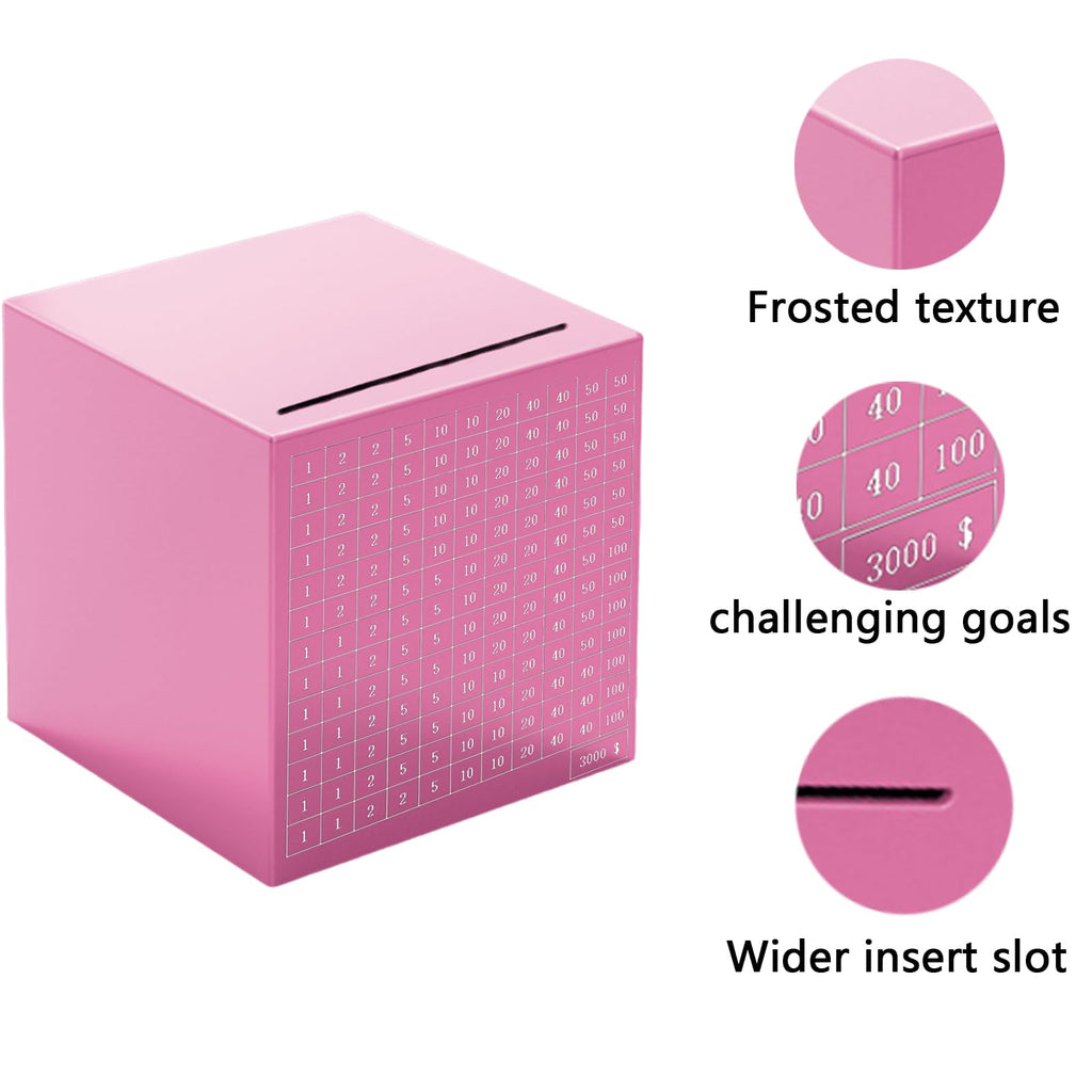 Pink Stainless Steel Piggy Bank - $3000 Savings Challenge Box with Coin and Bill Capacity