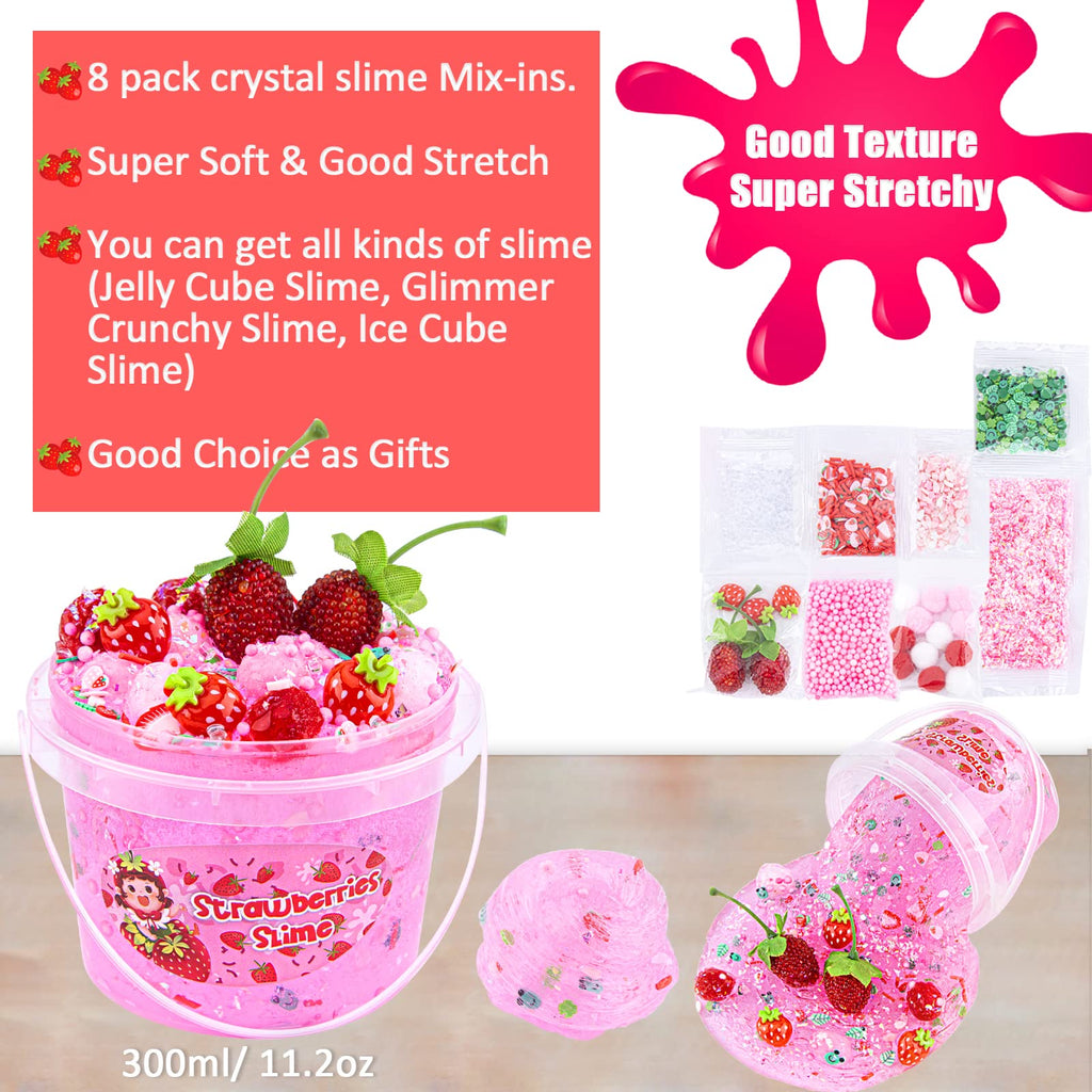 Pink Strawberry Jelly Cube Slime with 8 Add-ins - Crystal Clear Glimmer Crunchy Slime for Kids