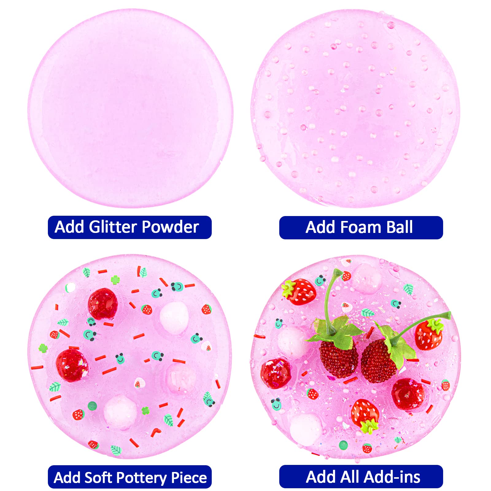 Pink Strawberry Jelly Cube Slime with 8 Add-ins - Crystal Clear Glimmer Crunchy Slime for Kids